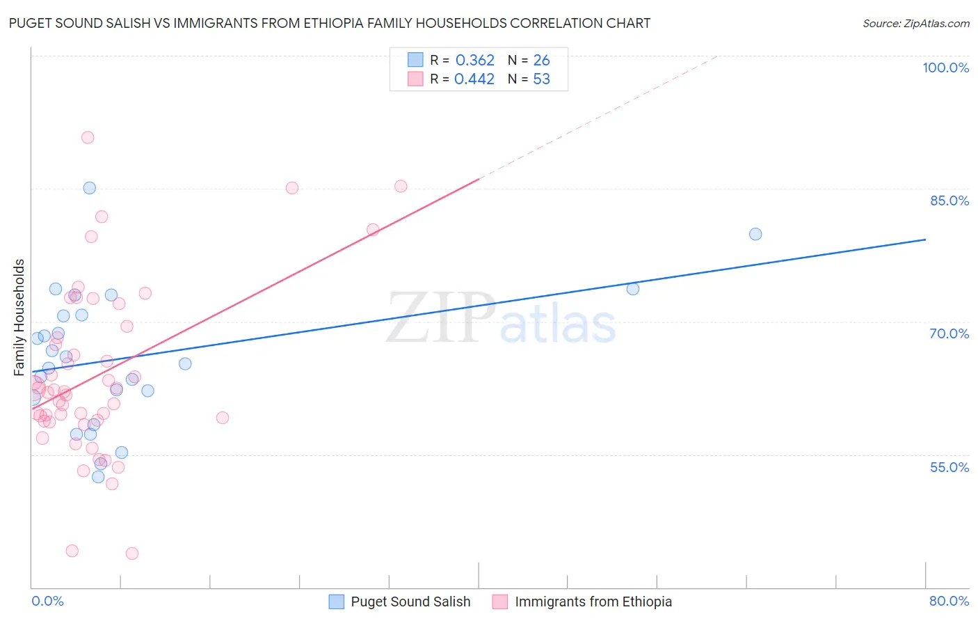Puget Sound Salish vs Immigrants from Ethiopia Family Households