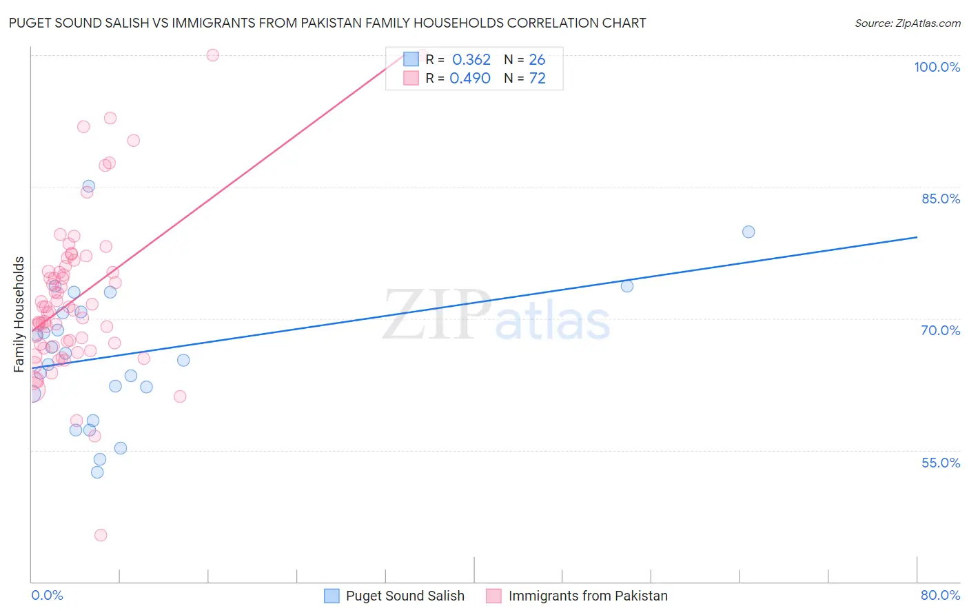 Puget Sound Salish vs Immigrants from Pakistan Family Households