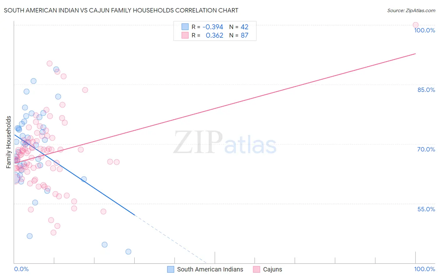South American Indian vs Cajun Family Households