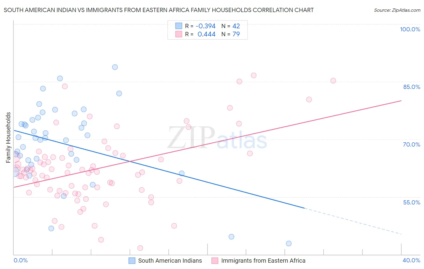 South American Indian vs Immigrants from Eastern Africa Family Households