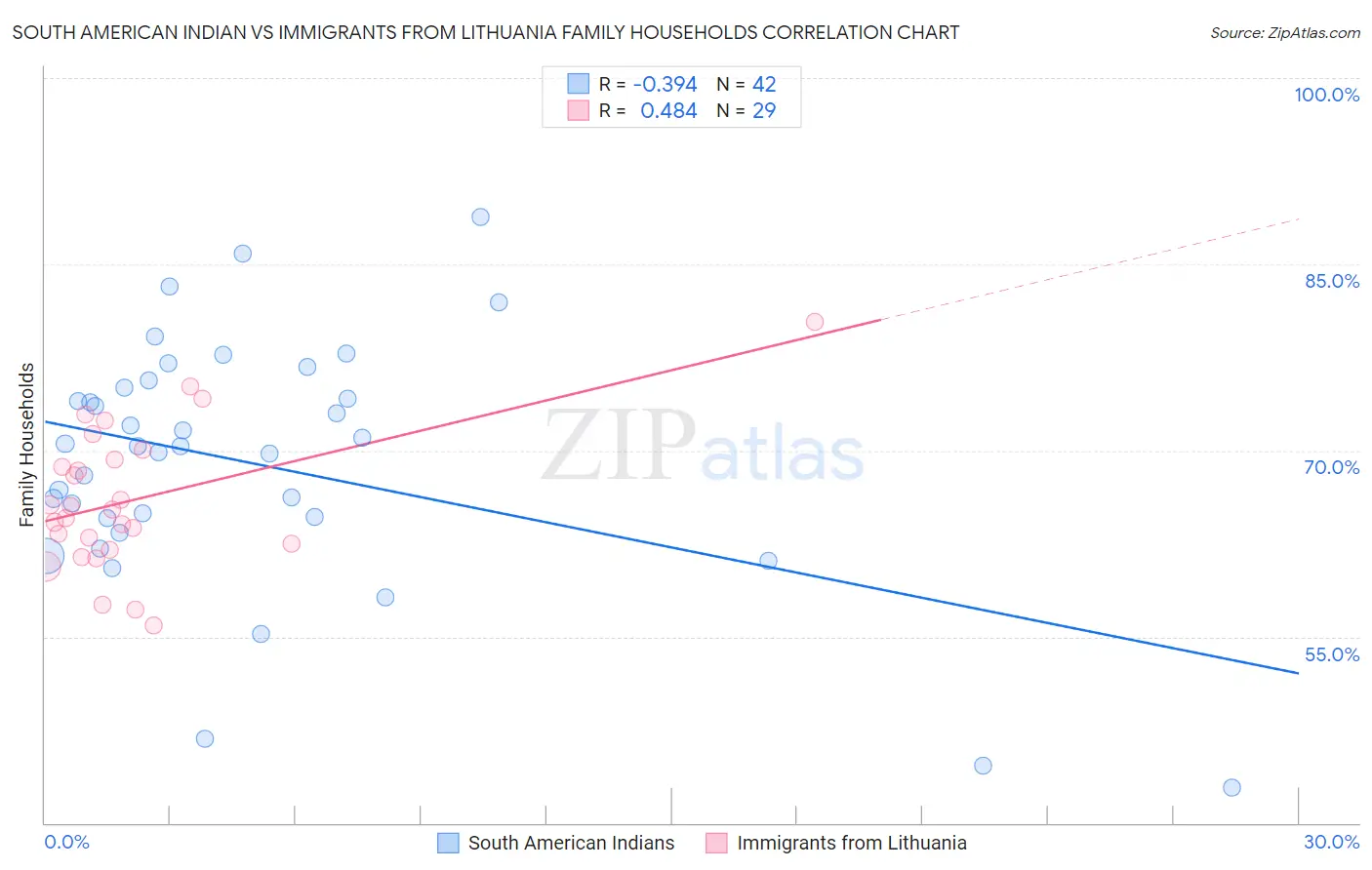 South American Indian vs Immigrants from Lithuania Family Households