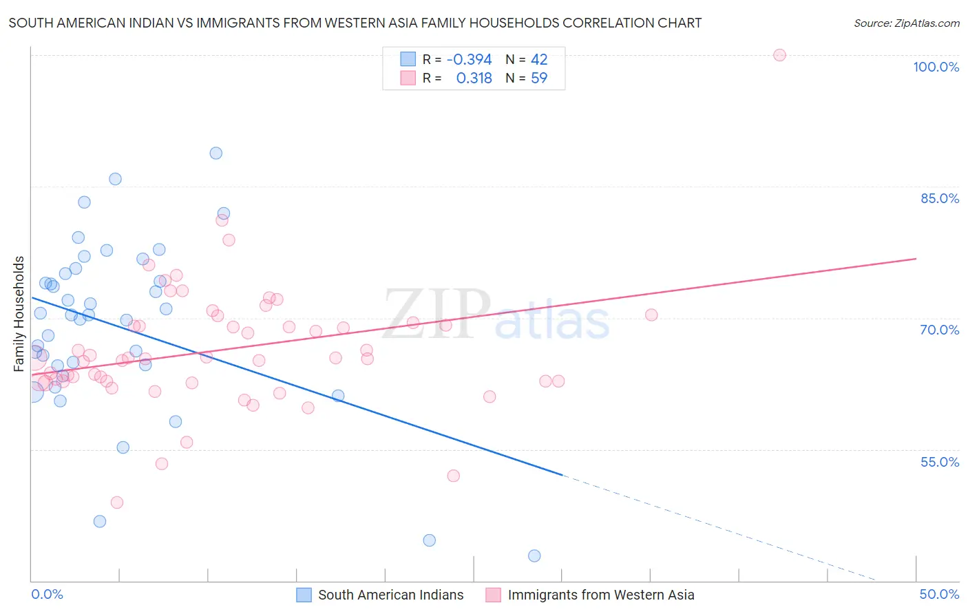 South American Indian vs Immigrants from Western Asia Family Households