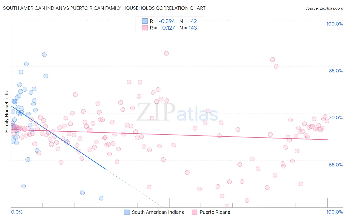 South American Indian vs Puerto Rican Family Households