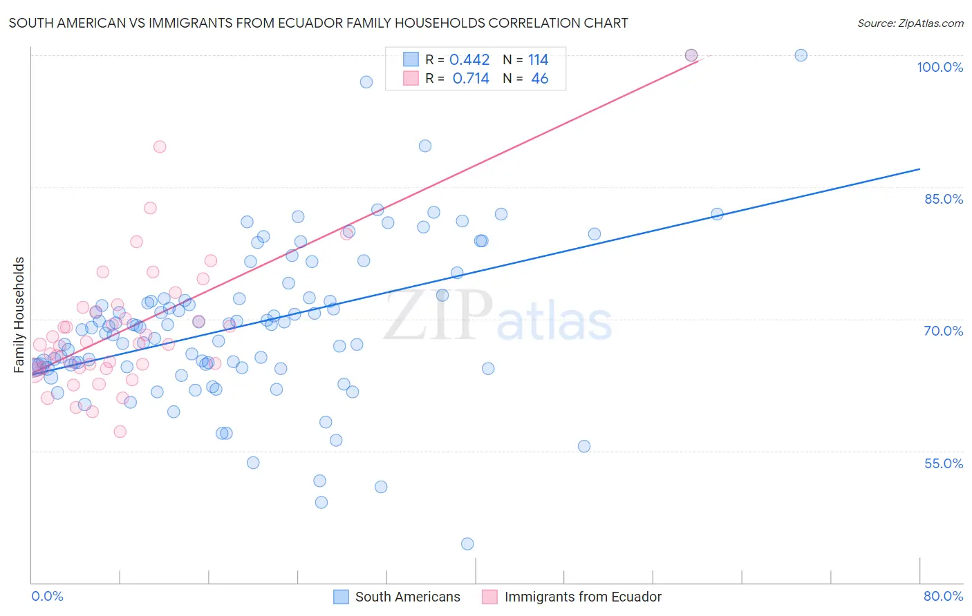 South American vs Immigrants from Ecuador Family Households