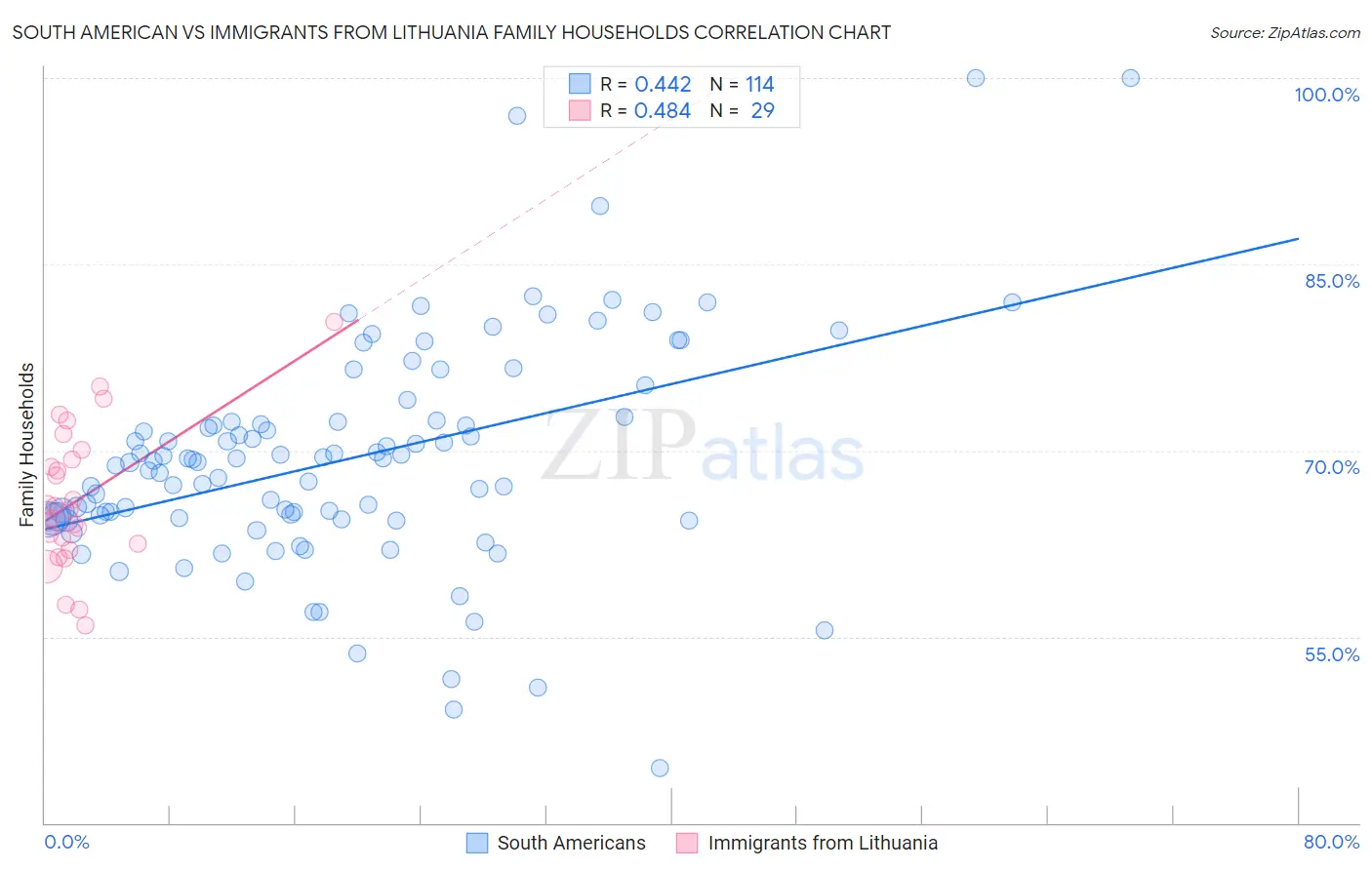 South American vs Immigrants from Lithuania Family Households