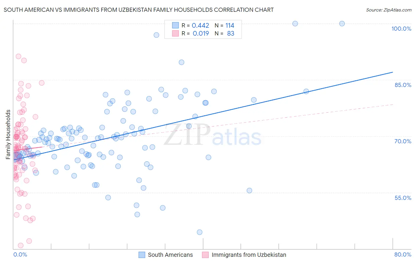 South American vs Immigrants from Uzbekistan Family Households