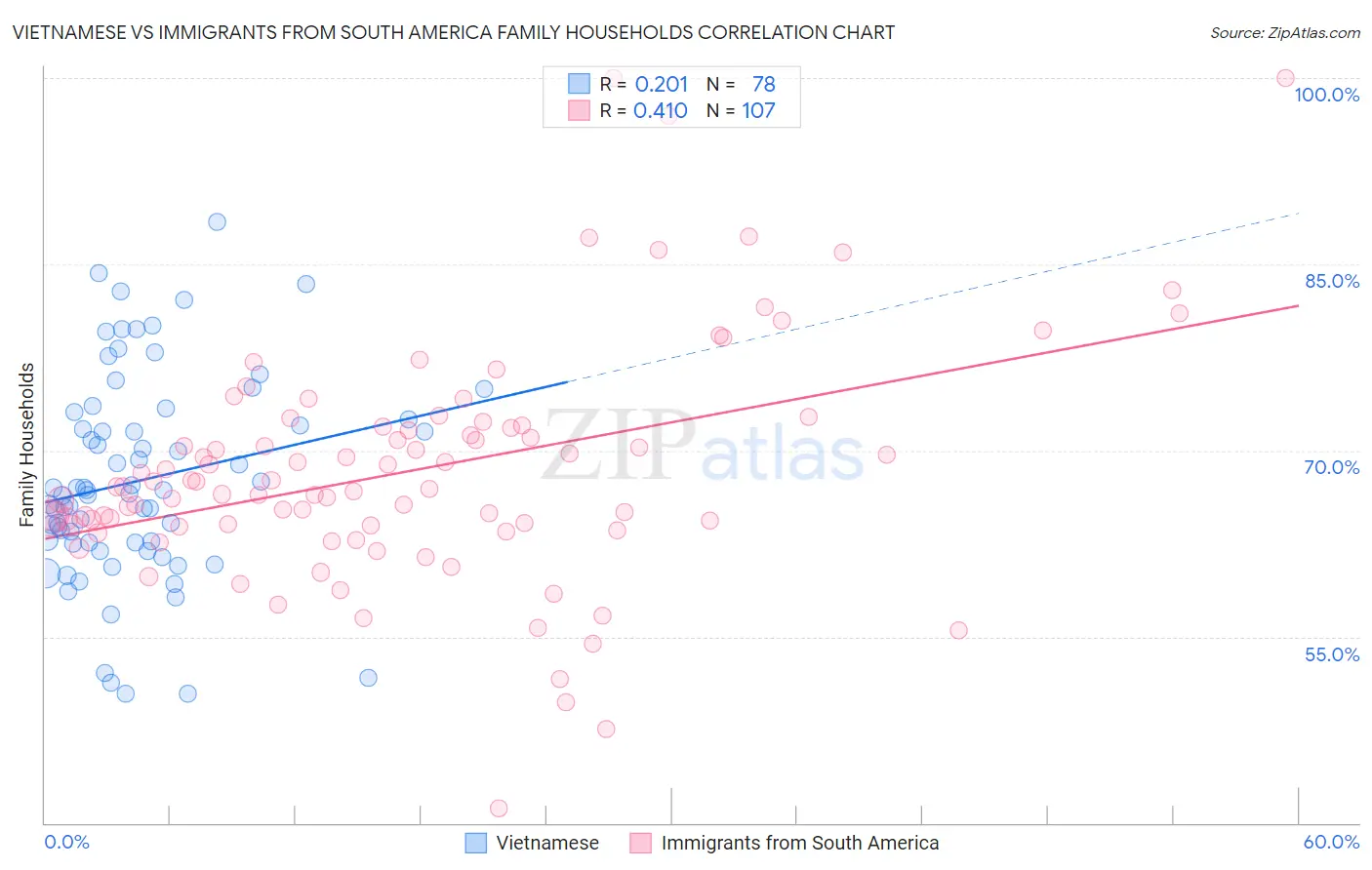 Vietnamese vs Immigrants from South America Family Households