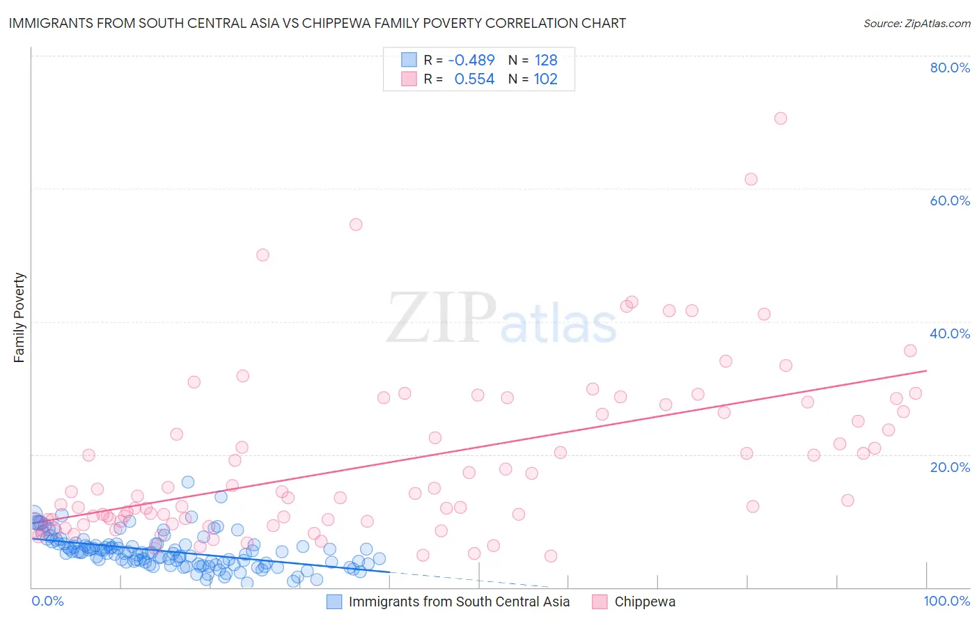 Immigrants from South Central Asia vs Chippewa Family Poverty