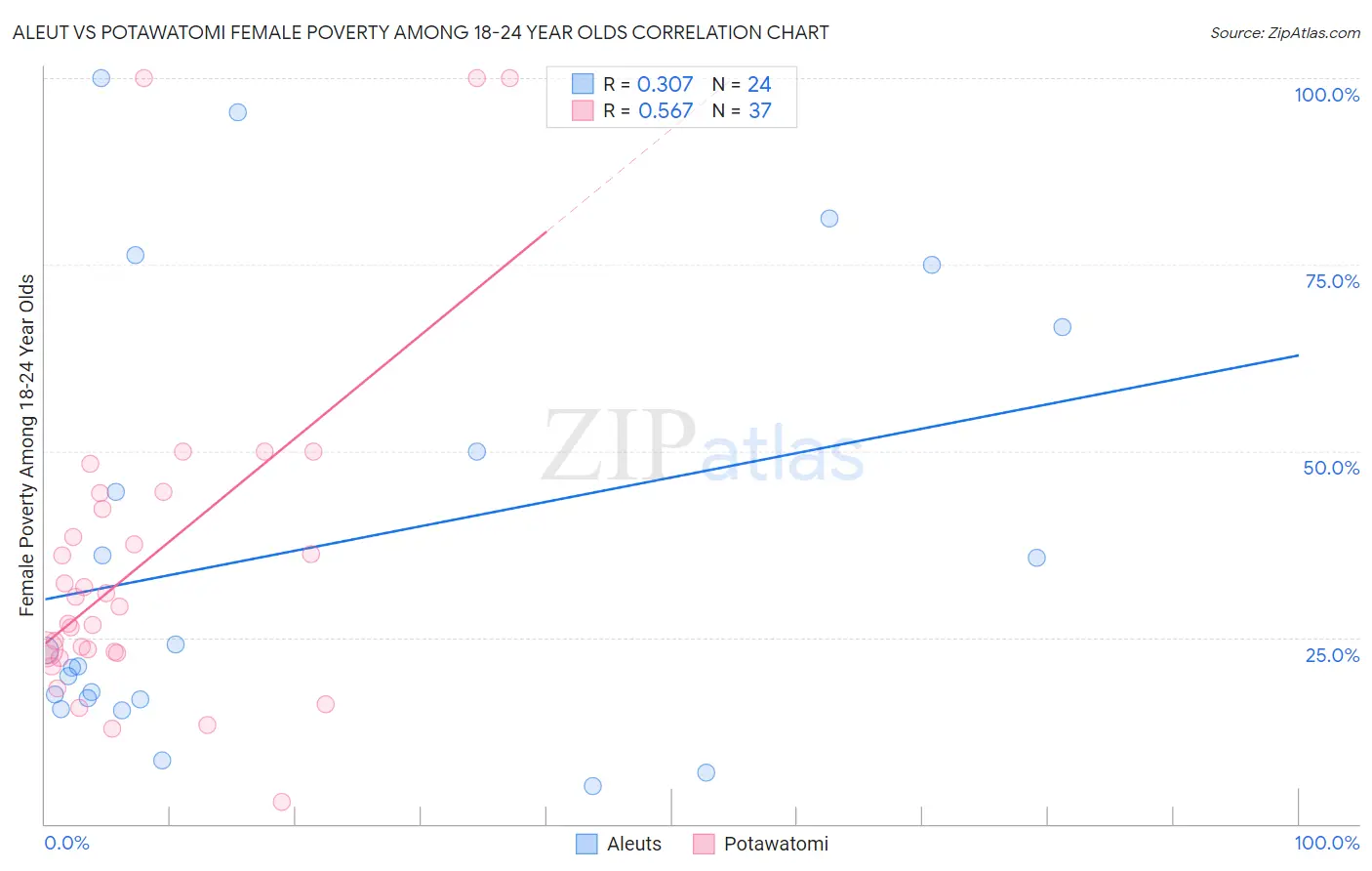 Aleut vs Potawatomi Female Poverty Among 18-24 Year Olds
