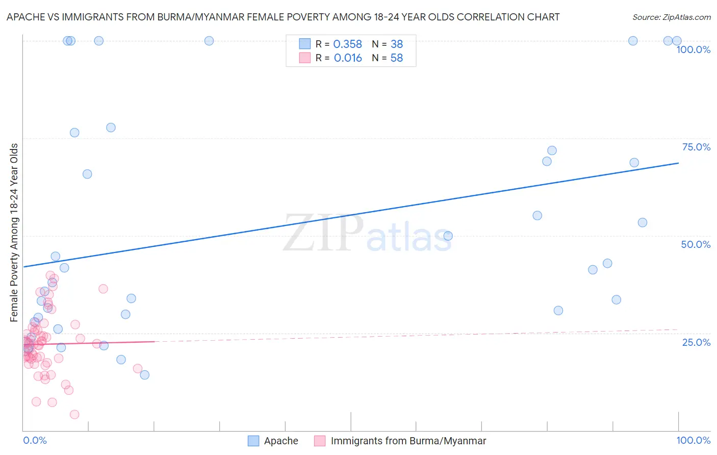 Apache vs Immigrants from Burma/Myanmar Female Poverty Among 18-24 Year Olds