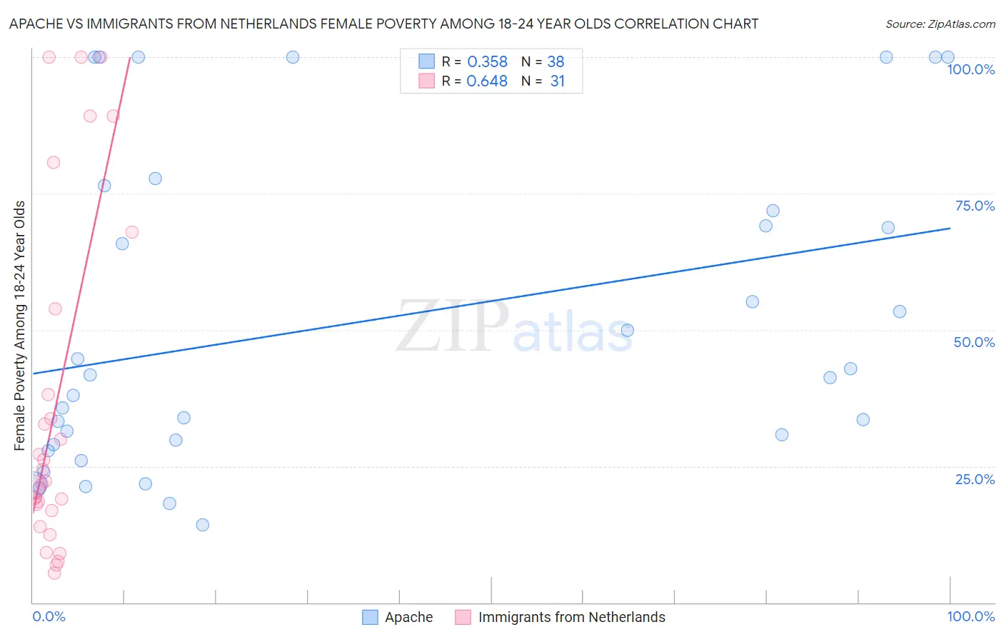 Apache vs Immigrants from Netherlands Female Poverty Among 18-24 Year Olds
