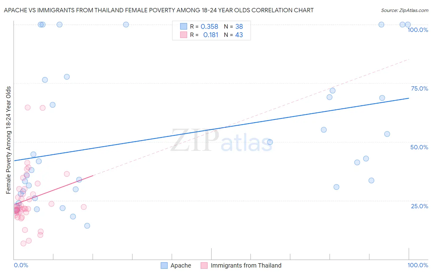 Apache vs Immigrants from Thailand Female Poverty Among 18-24 Year Olds