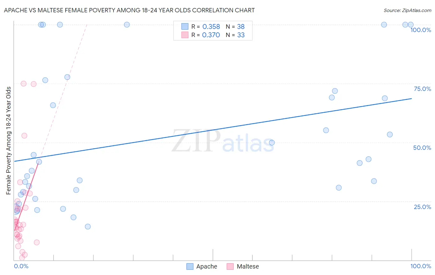 Apache vs Maltese Female Poverty Among 18-24 Year Olds