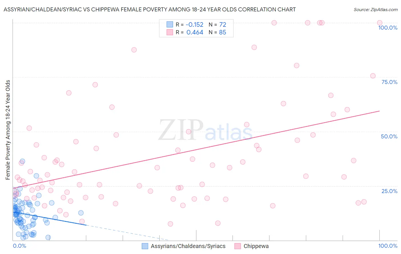 Assyrian/Chaldean/Syriac vs Chippewa Female Poverty Among 18-24 Year Olds