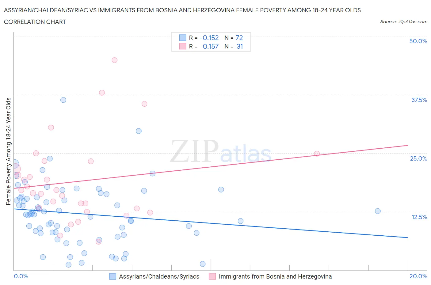 Assyrian/Chaldean/Syriac vs Immigrants from Bosnia and Herzegovina Female Poverty Among 18-24 Year Olds