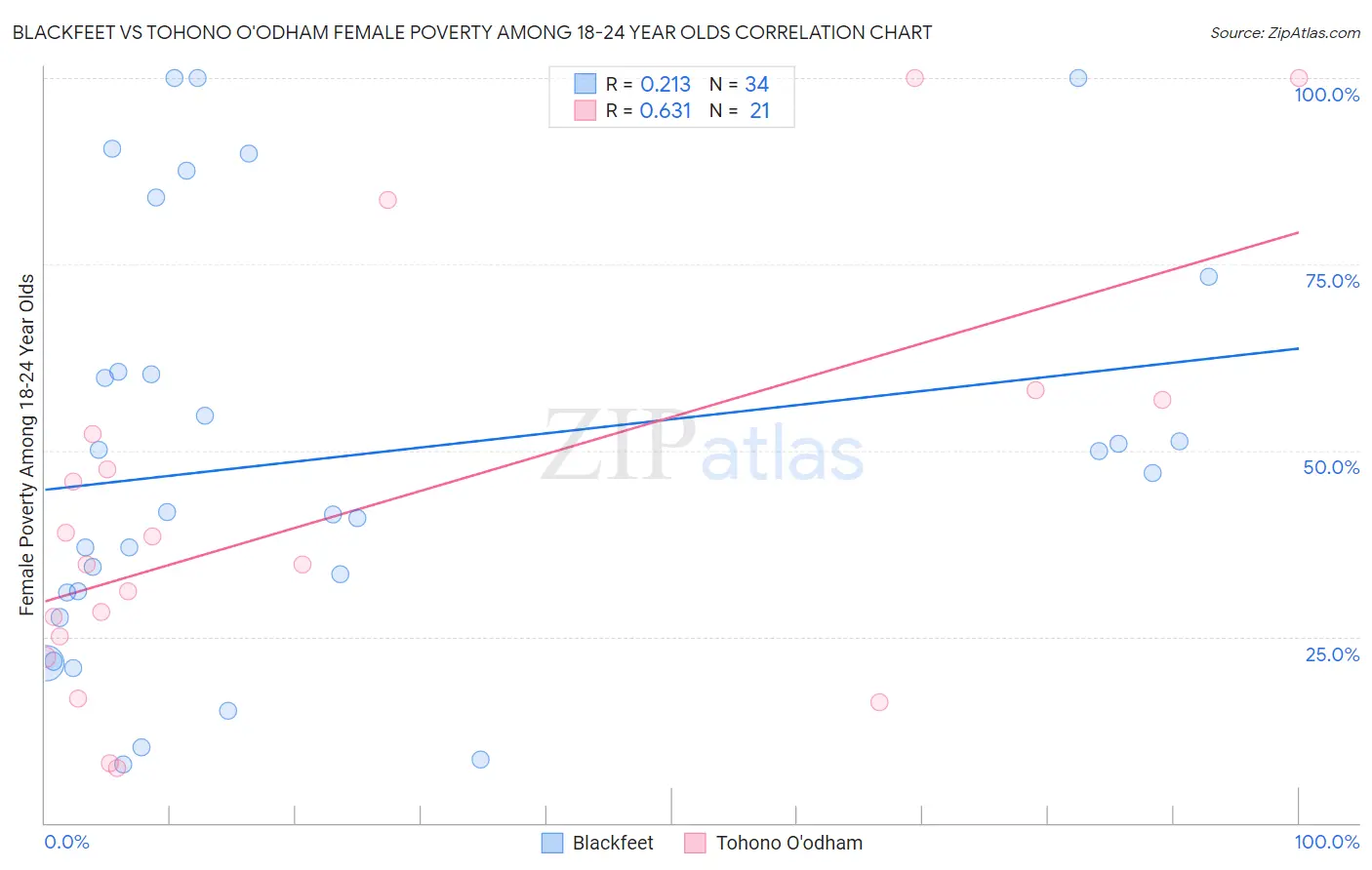 Blackfeet vs Tohono O'odham Female Poverty Among 18-24 Year Olds