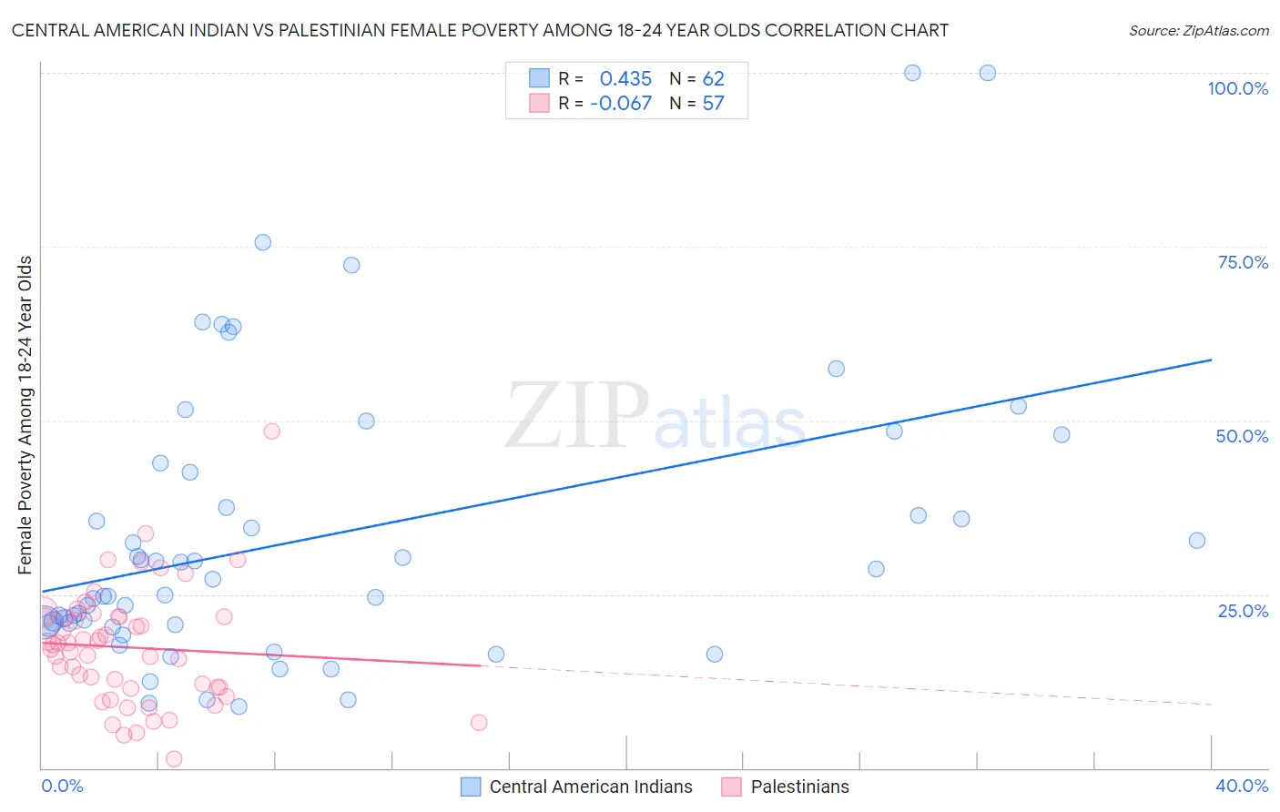 Central American Indian vs Palestinian Female Poverty Among 18-24 Year Olds