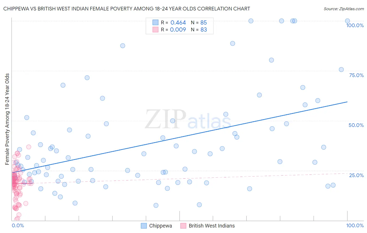 Chippewa vs British West Indian Female Poverty Among 18-24 Year Olds