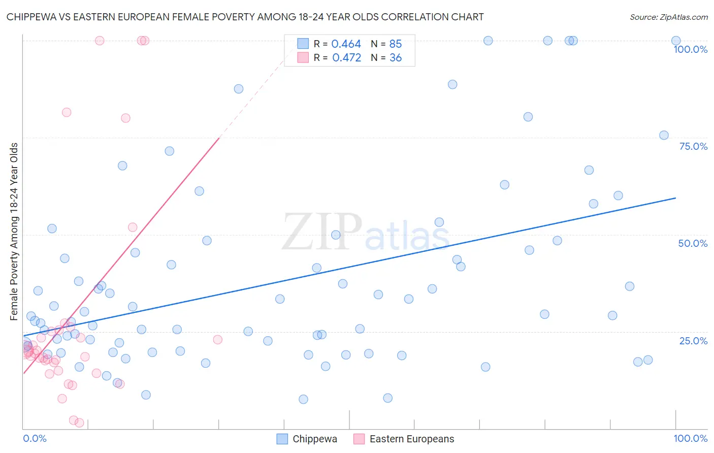 Chippewa vs Eastern European Female Poverty Among 18-24 Year Olds