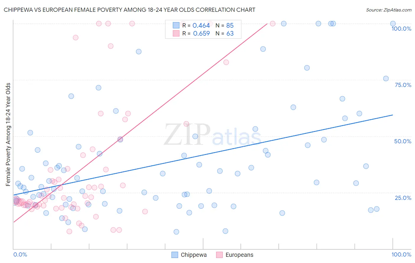 Chippewa vs European Female Poverty Among 18-24 Year Olds
