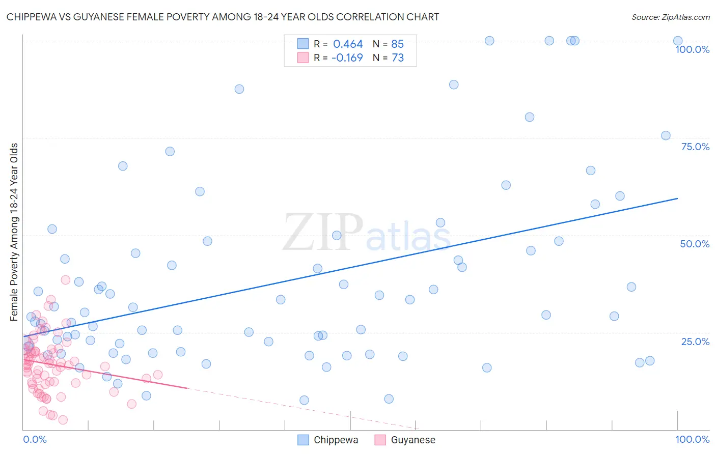 Chippewa vs Guyanese Female Poverty Among 18-24 Year Olds
