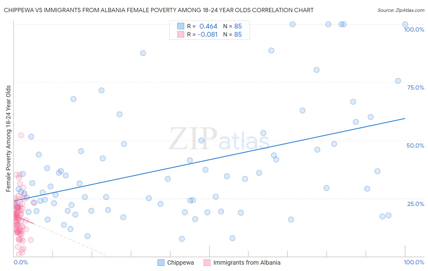 Chippewa vs Immigrants from Albania Female Poverty Among 18-24 Year Olds