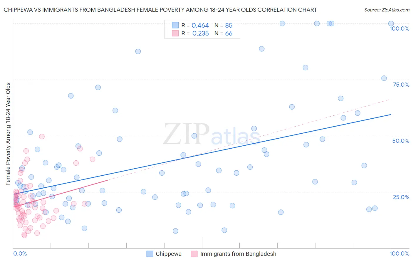 Chippewa vs Immigrants from Bangladesh Female Poverty Among 18-24 Year Olds