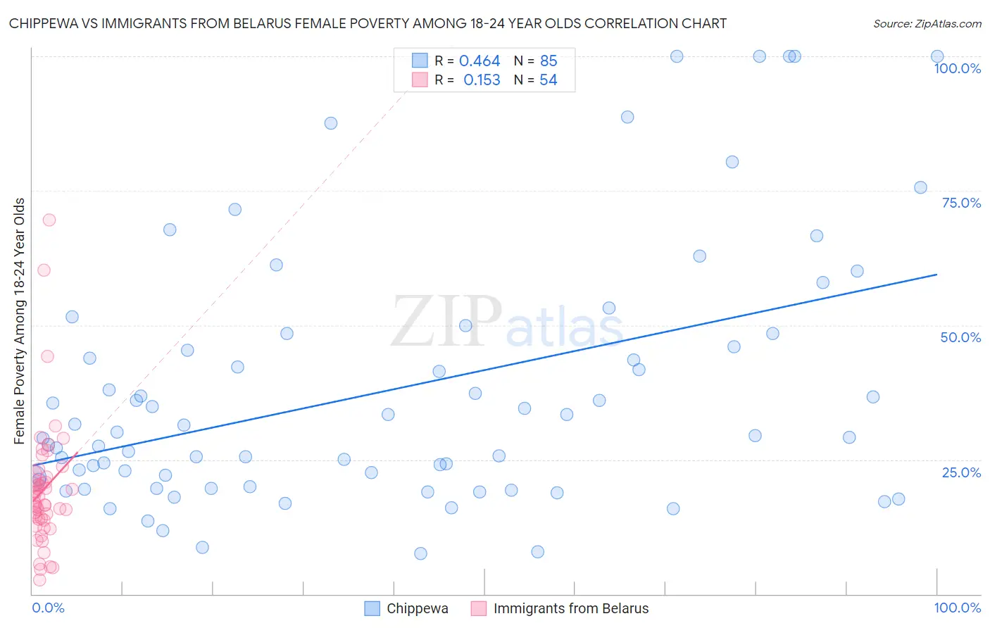 Chippewa vs Immigrants from Belarus Female Poverty Among 18-24 Year Olds