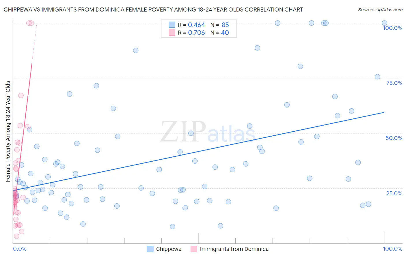 Chippewa vs Immigrants from Dominica Female Poverty Among 18-24 Year Olds