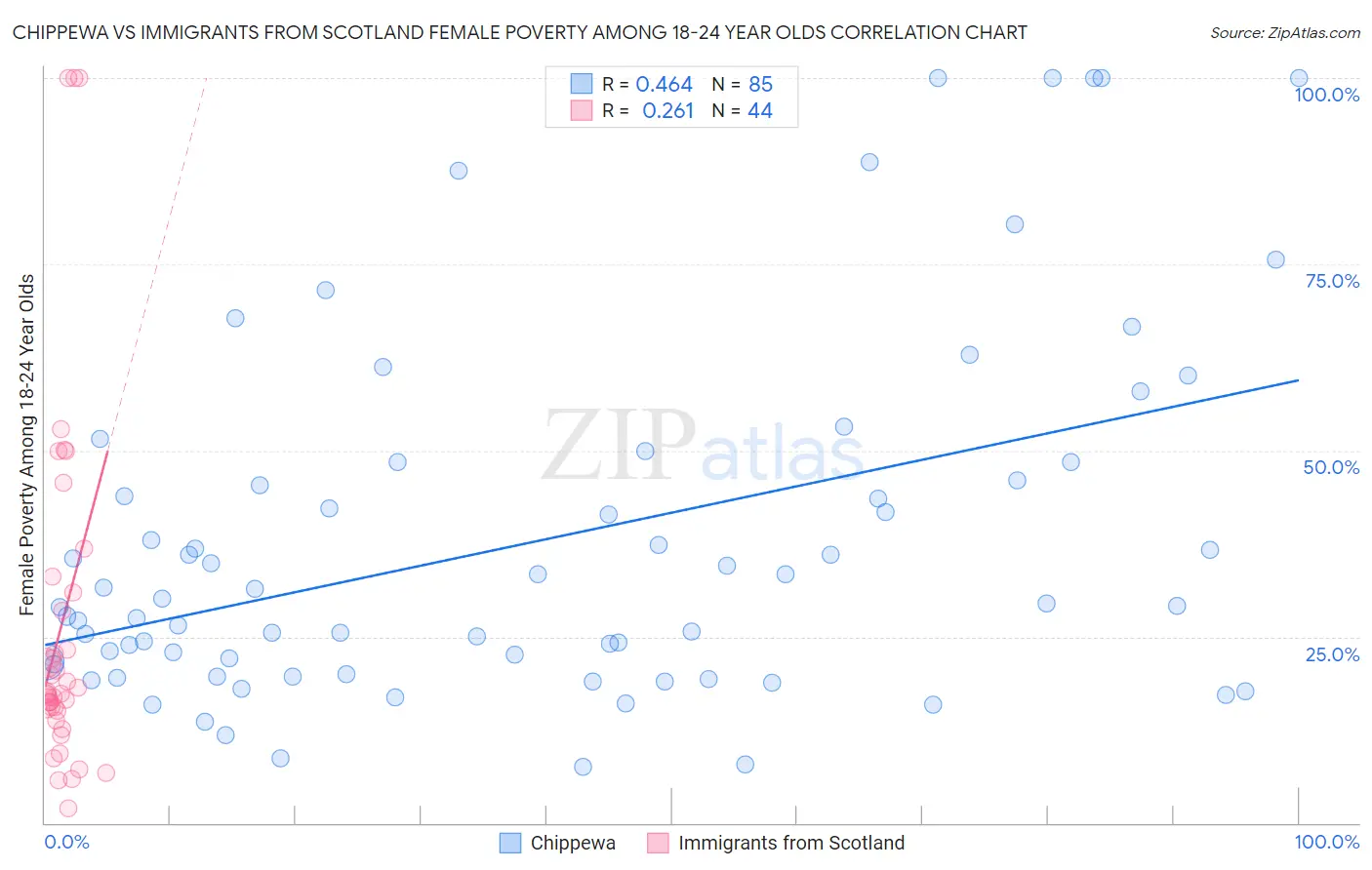 Chippewa vs Immigrants from Scotland Female Poverty Among 18-24 Year Olds