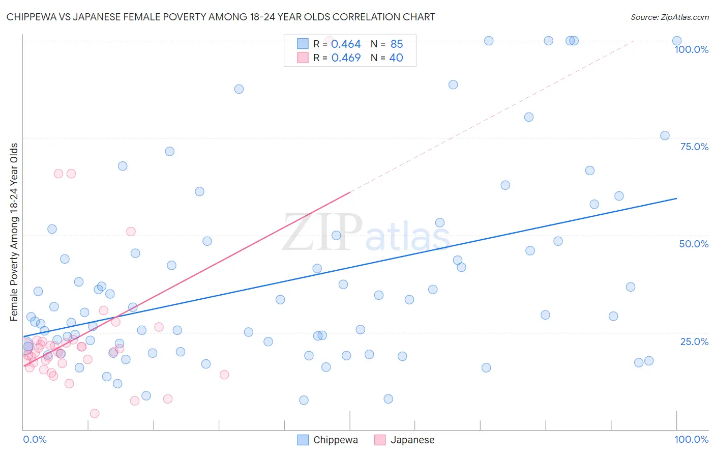 Chippewa vs Japanese Female Poverty Among 18-24 Year Olds