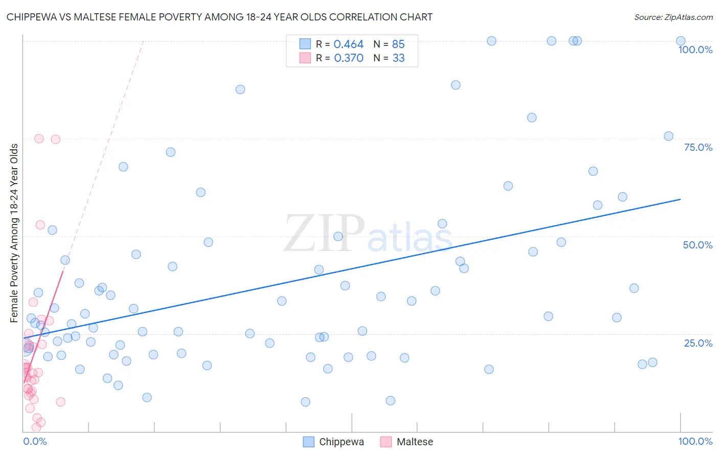 Chippewa vs Maltese Female Poverty Among 18-24 Year Olds