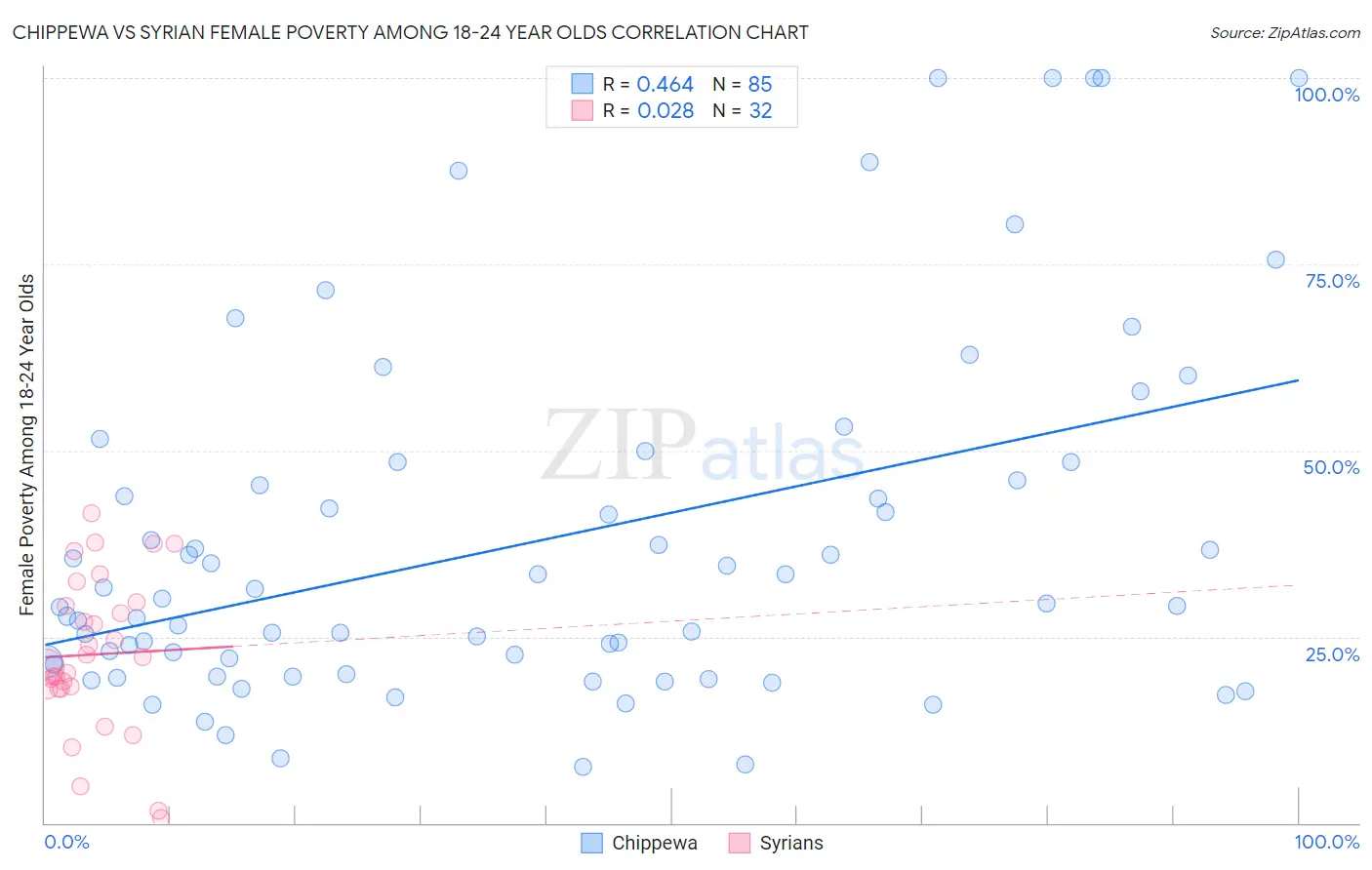 Chippewa vs Syrian Female Poverty Among 18-24 Year Olds