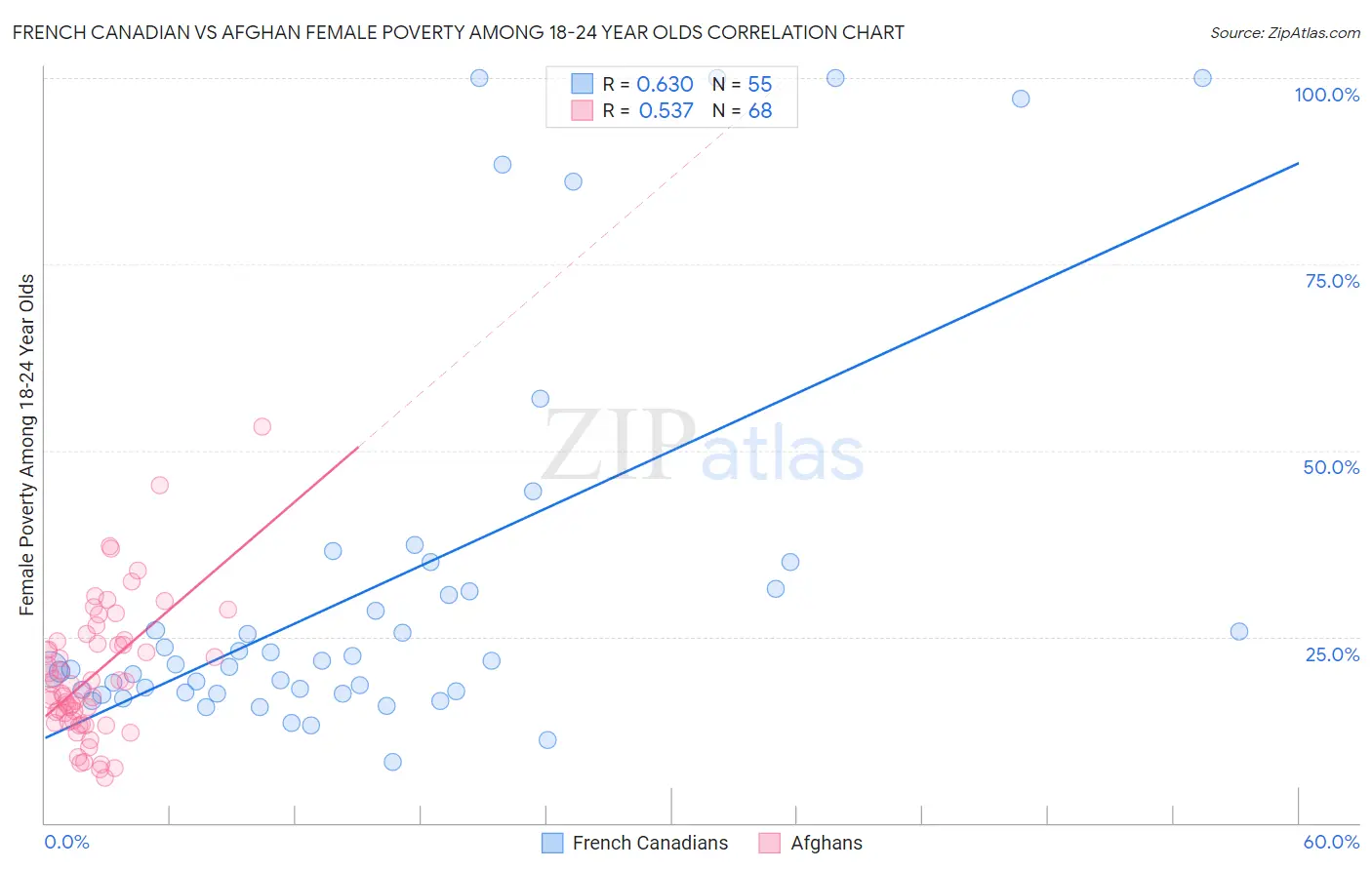 French Canadian vs Afghan Female Poverty Among 18-24 Year Olds