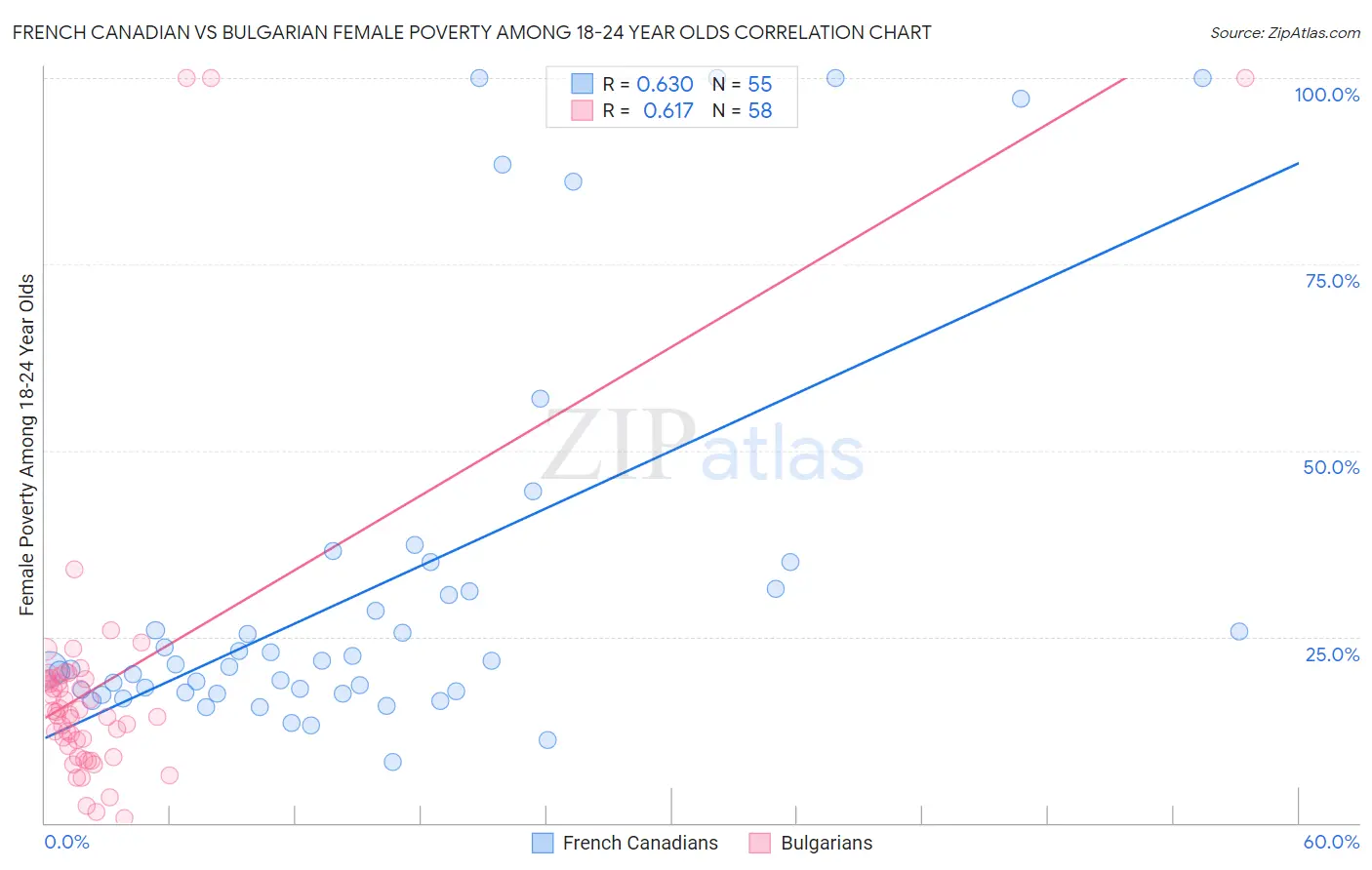 French Canadian vs Bulgarian Female Poverty Among 18-24 Year Olds
