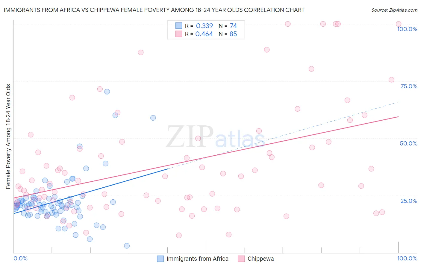 Immigrants from Africa vs Chippewa Female Poverty Among 18-24 Year Olds