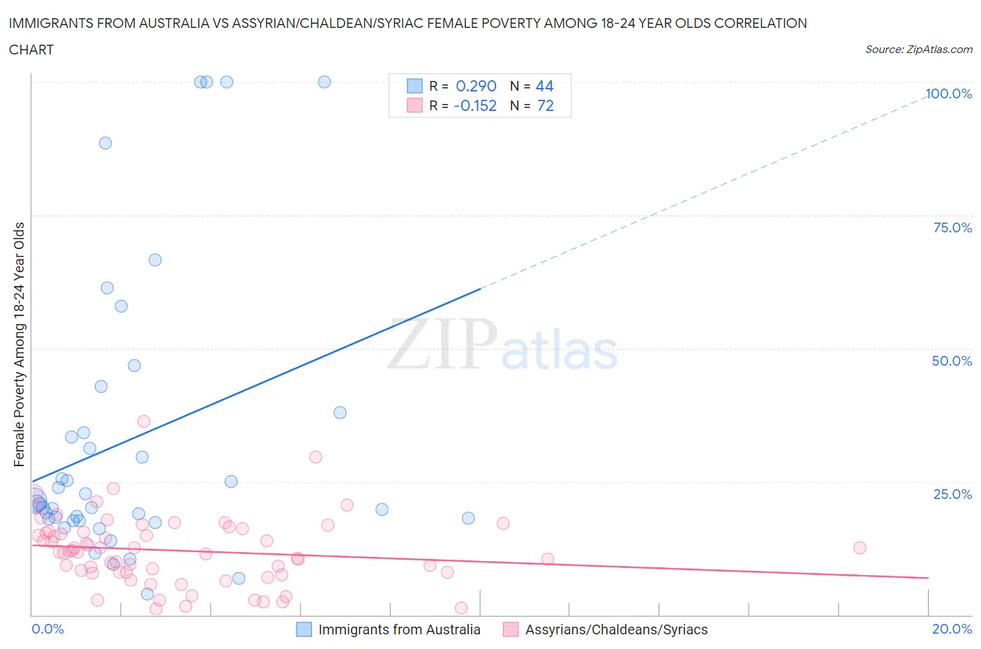 Immigrants from Australia vs Assyrian/Chaldean/Syriac Female Poverty Among 18-24 Year Olds