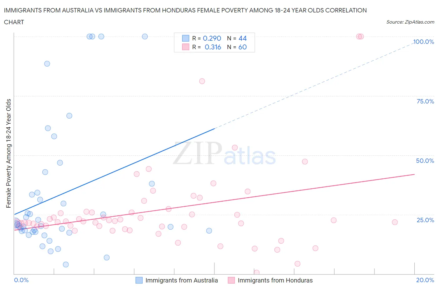 Immigrants from Australia vs Immigrants from Honduras Female Poverty Among 18-24 Year Olds