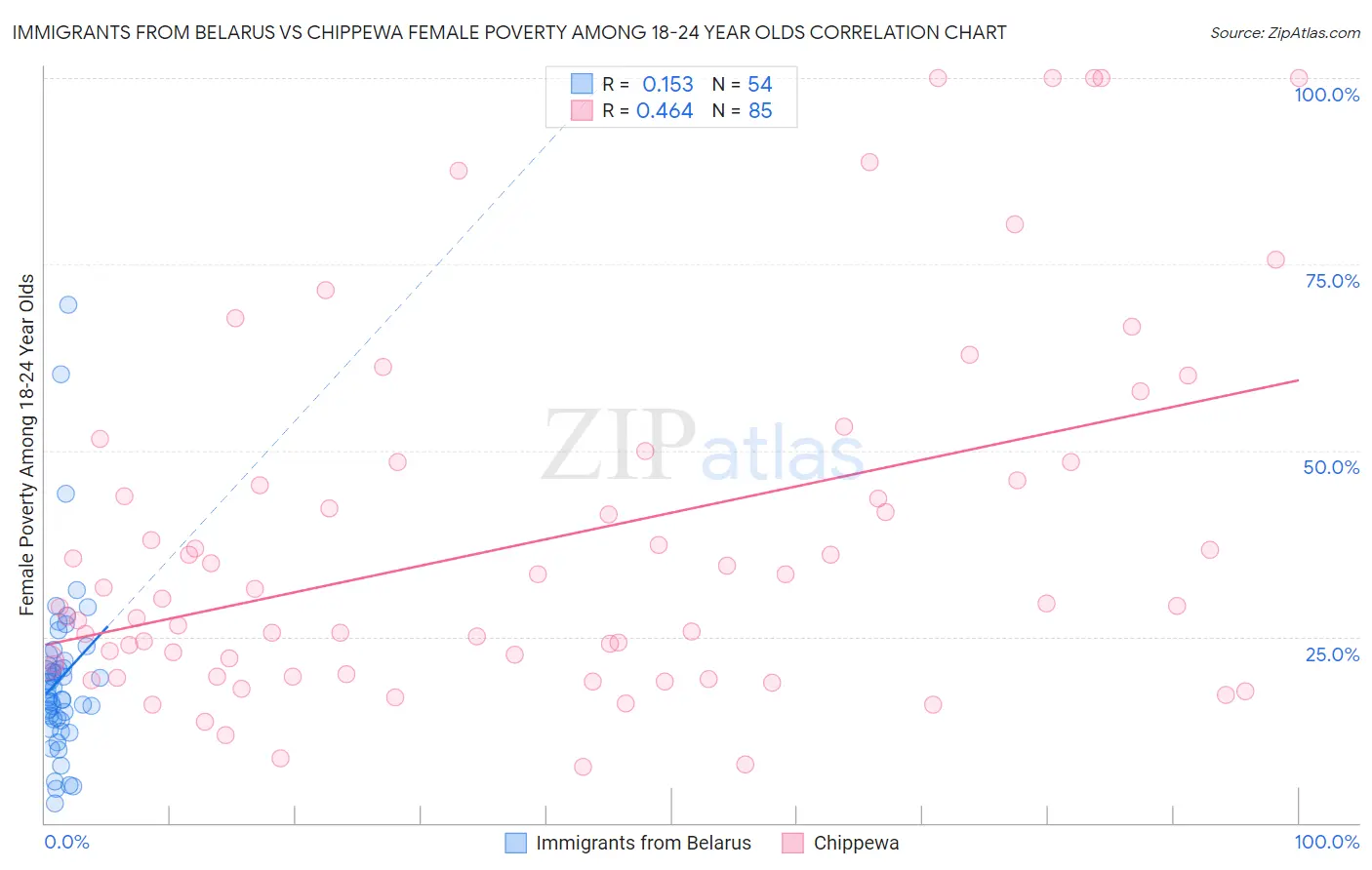 Immigrants from Belarus vs Chippewa Female Poverty Among 18-24 Year Olds