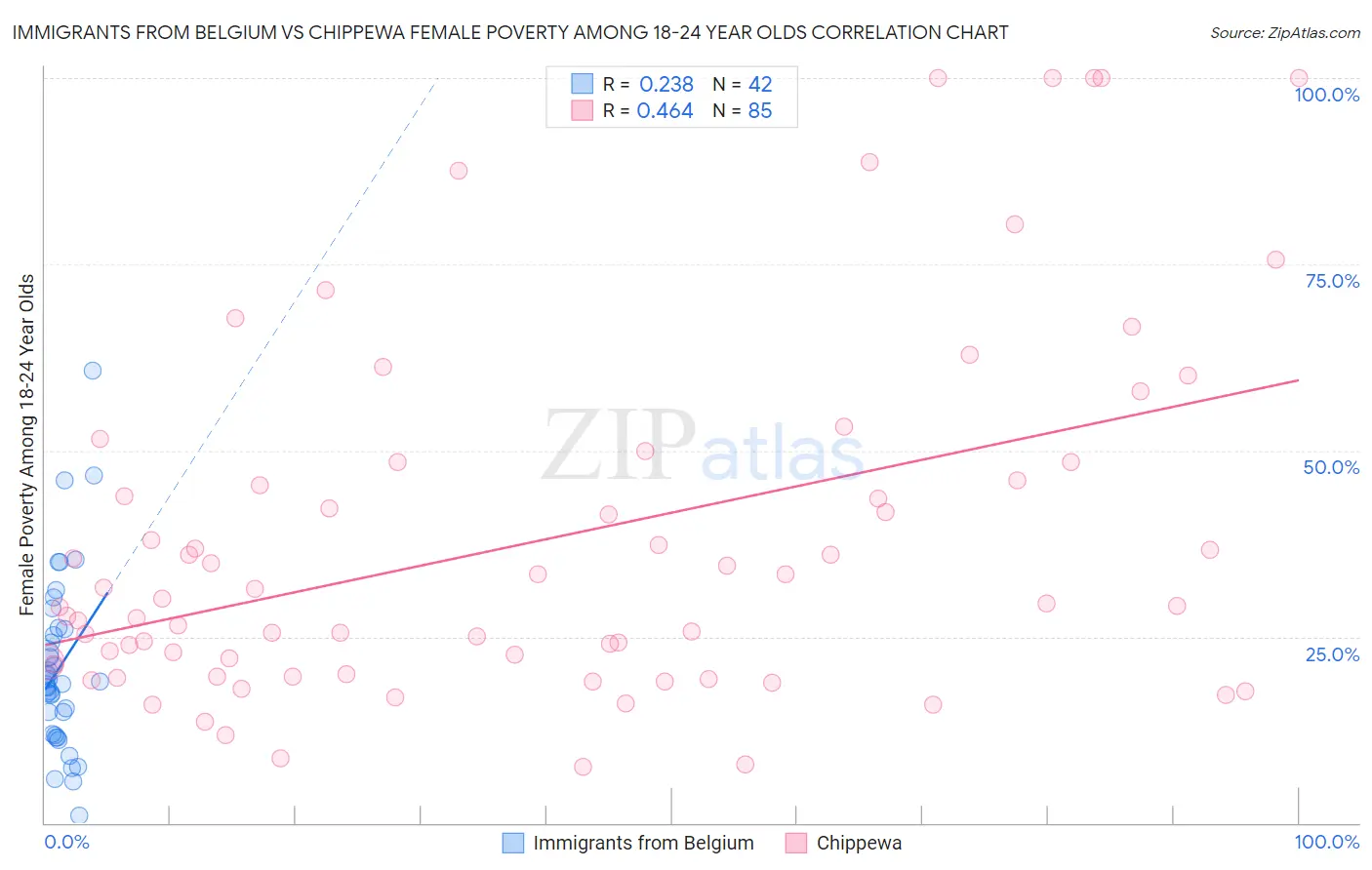 Immigrants from Belgium vs Chippewa Female Poverty Among 18-24 Year Olds