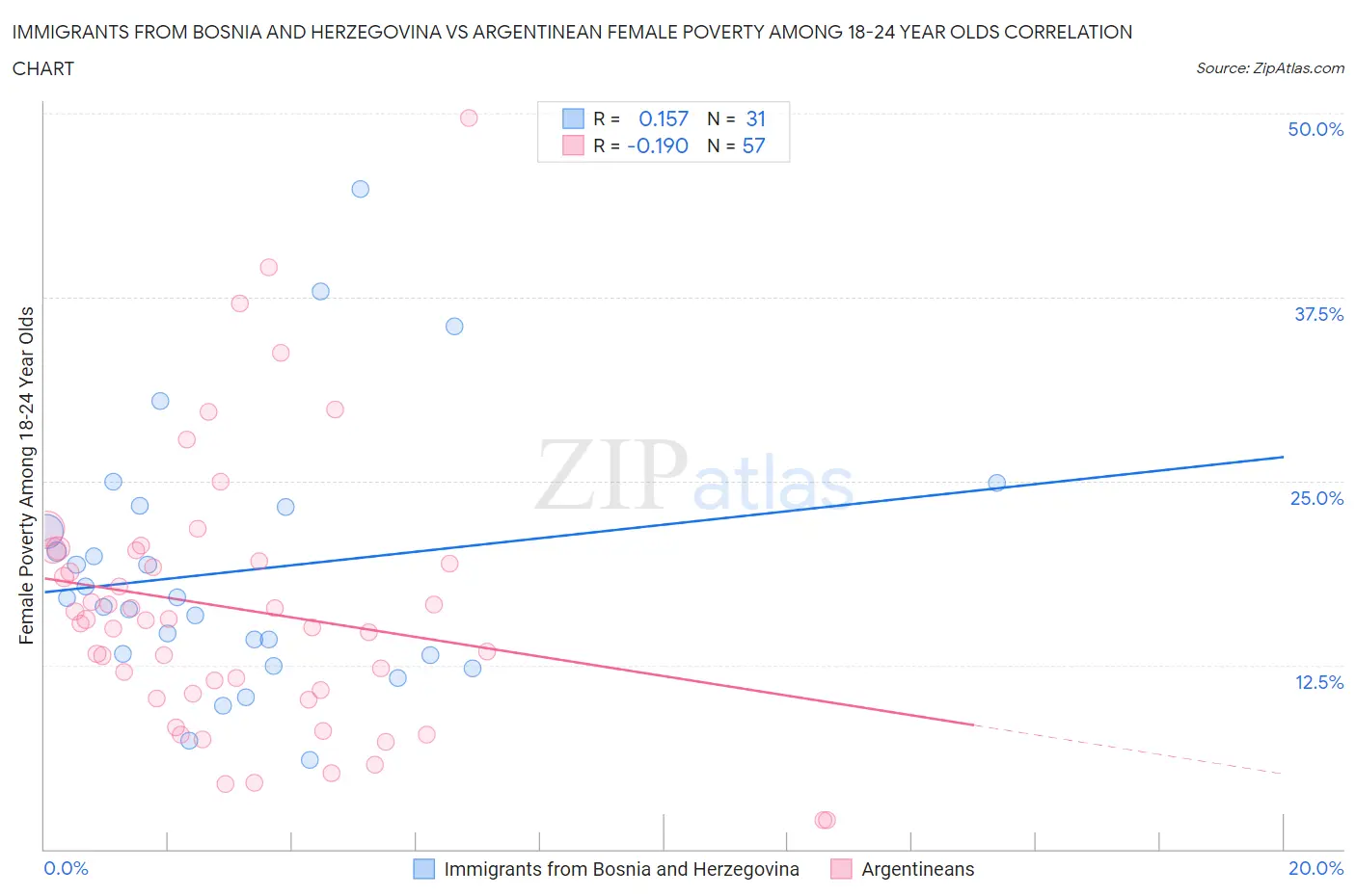 Immigrants from Bosnia and Herzegovina vs Argentinean Female Poverty Among 18-24 Year Olds