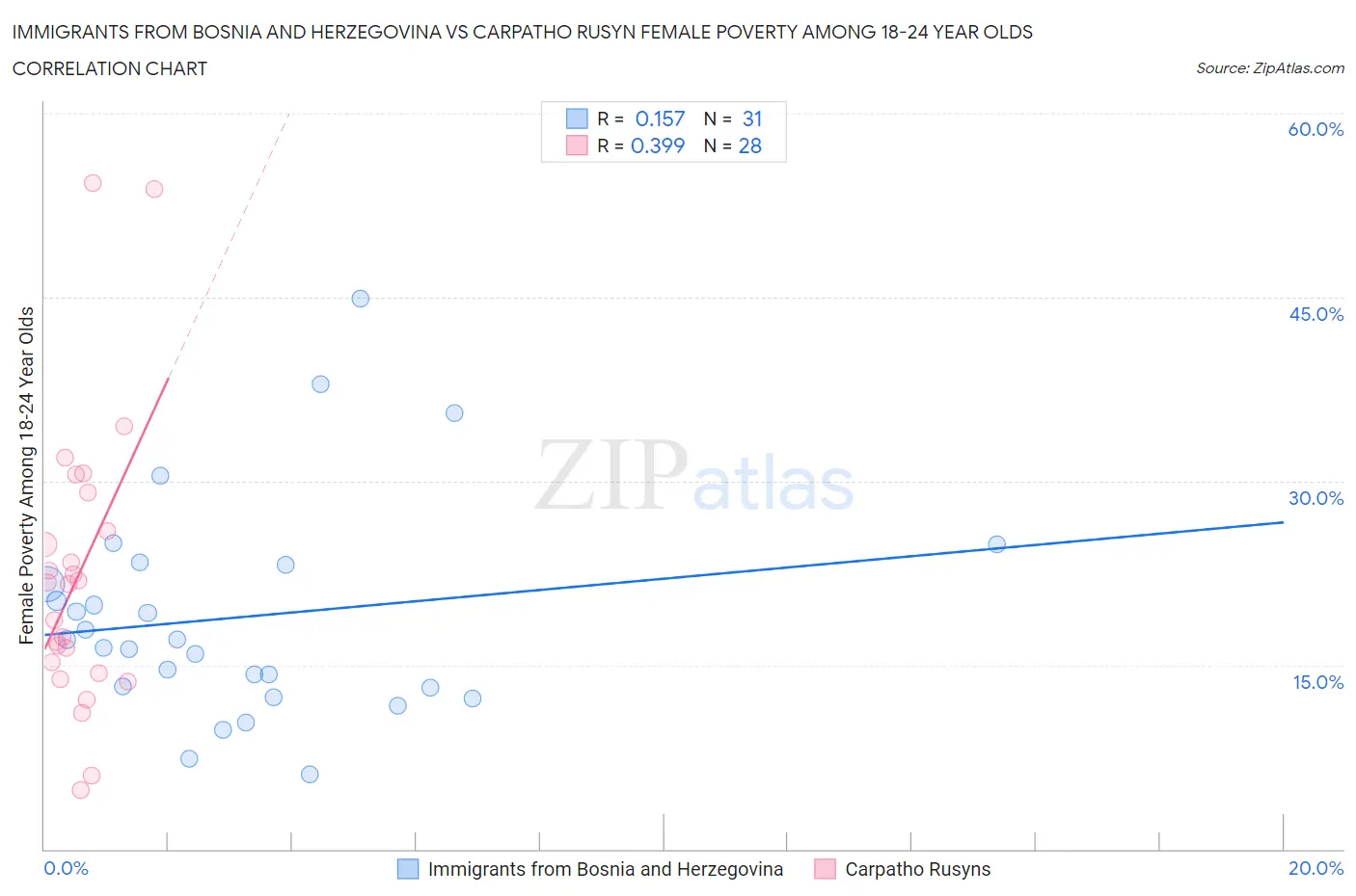 Immigrants from Bosnia and Herzegovina vs Carpatho Rusyn Female Poverty Among 18-24 Year Olds