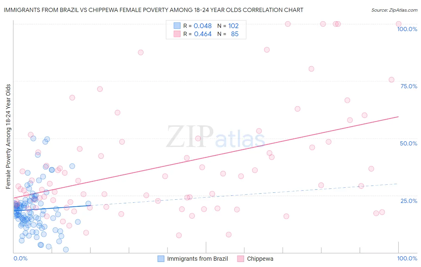 Immigrants from Brazil vs Chippewa Female Poverty Among 18-24 Year Olds