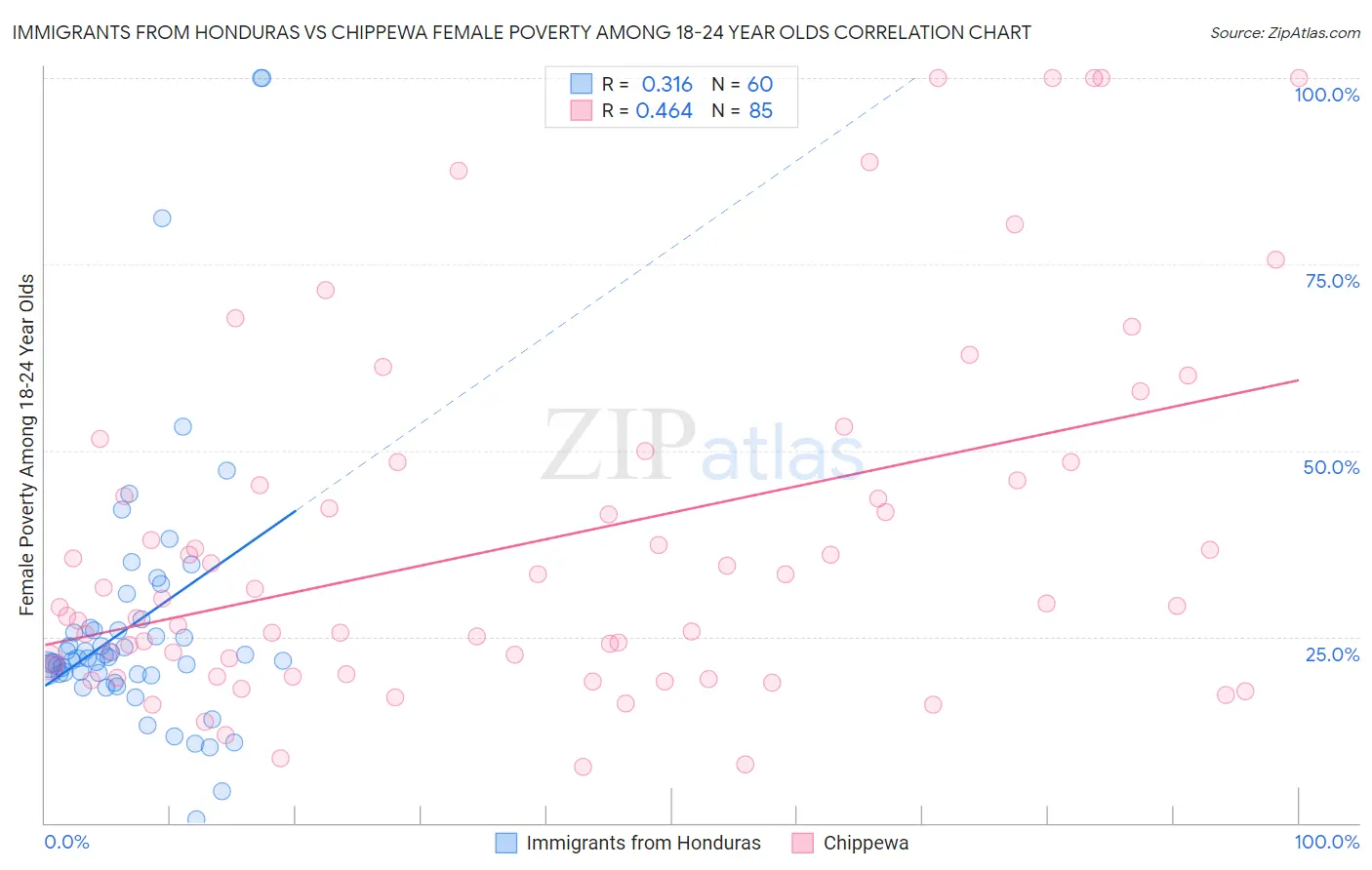 Immigrants from Honduras vs Chippewa Female Poverty Among 18-24 Year Olds