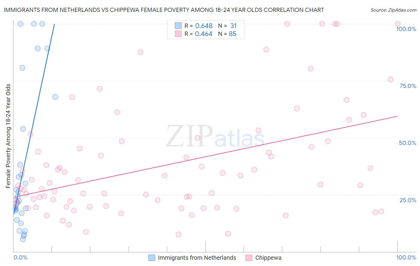 Immigrants from Netherlands vs Chippewa Female Poverty Among 18-24 Year Olds