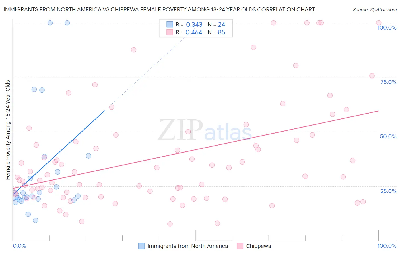 Immigrants from North America vs Chippewa Female Poverty Among 18-24 Year Olds