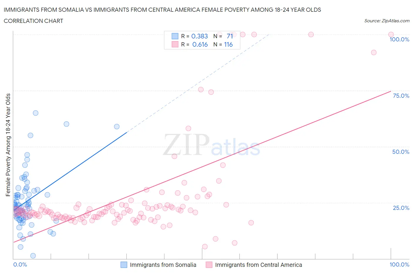 Immigrants from Somalia vs Immigrants from Central America Female Poverty Among 18-24 Year Olds