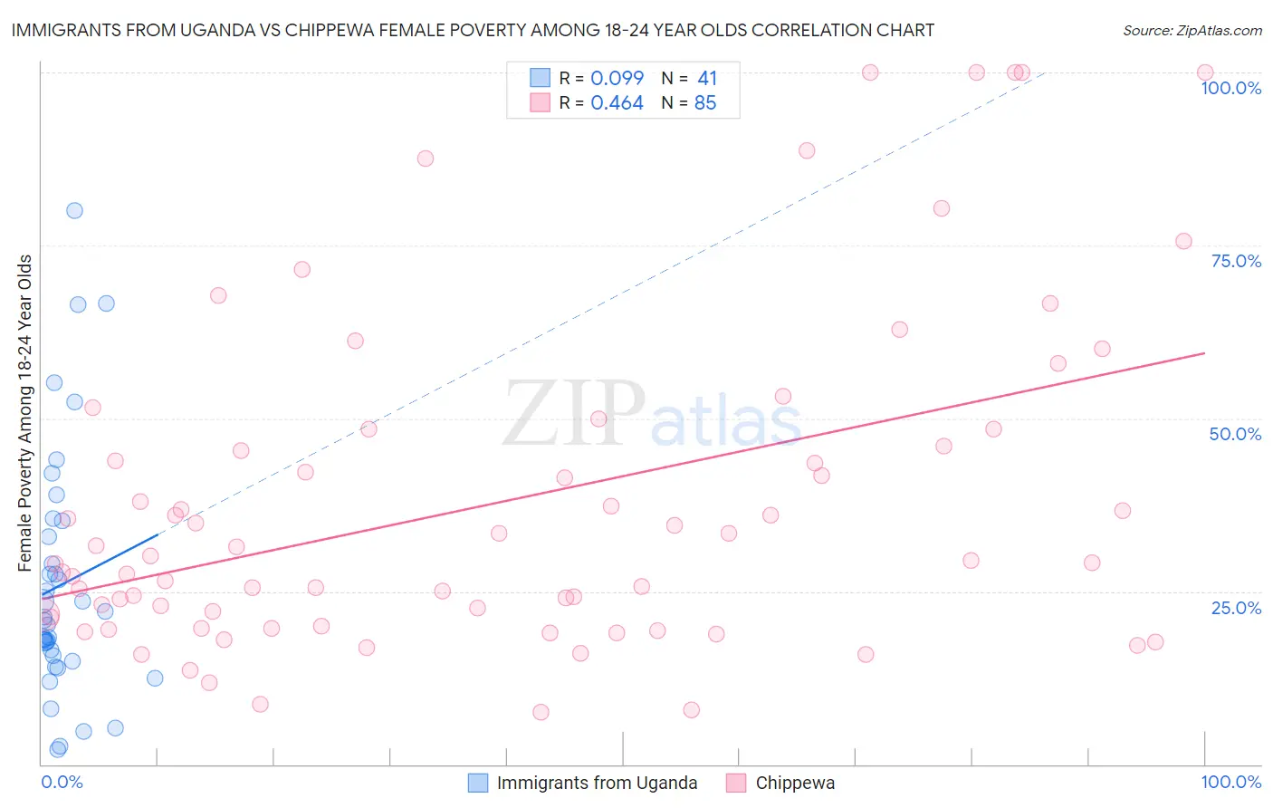 Immigrants from Uganda vs Chippewa Female Poverty Among 18-24 Year Olds