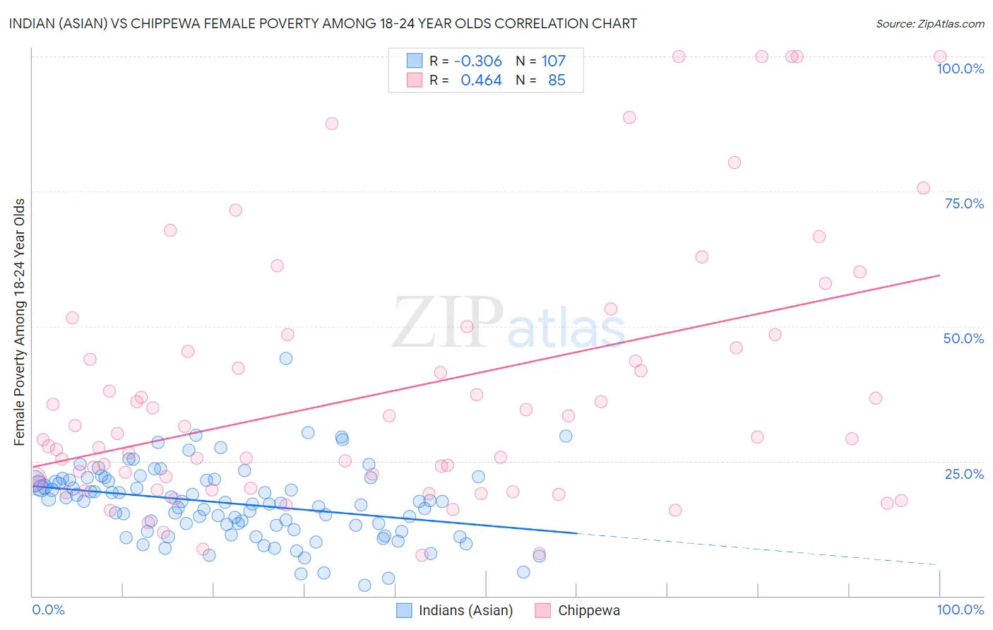 Indian (Asian) vs Chippewa Female Poverty Among 18-24 Year Olds