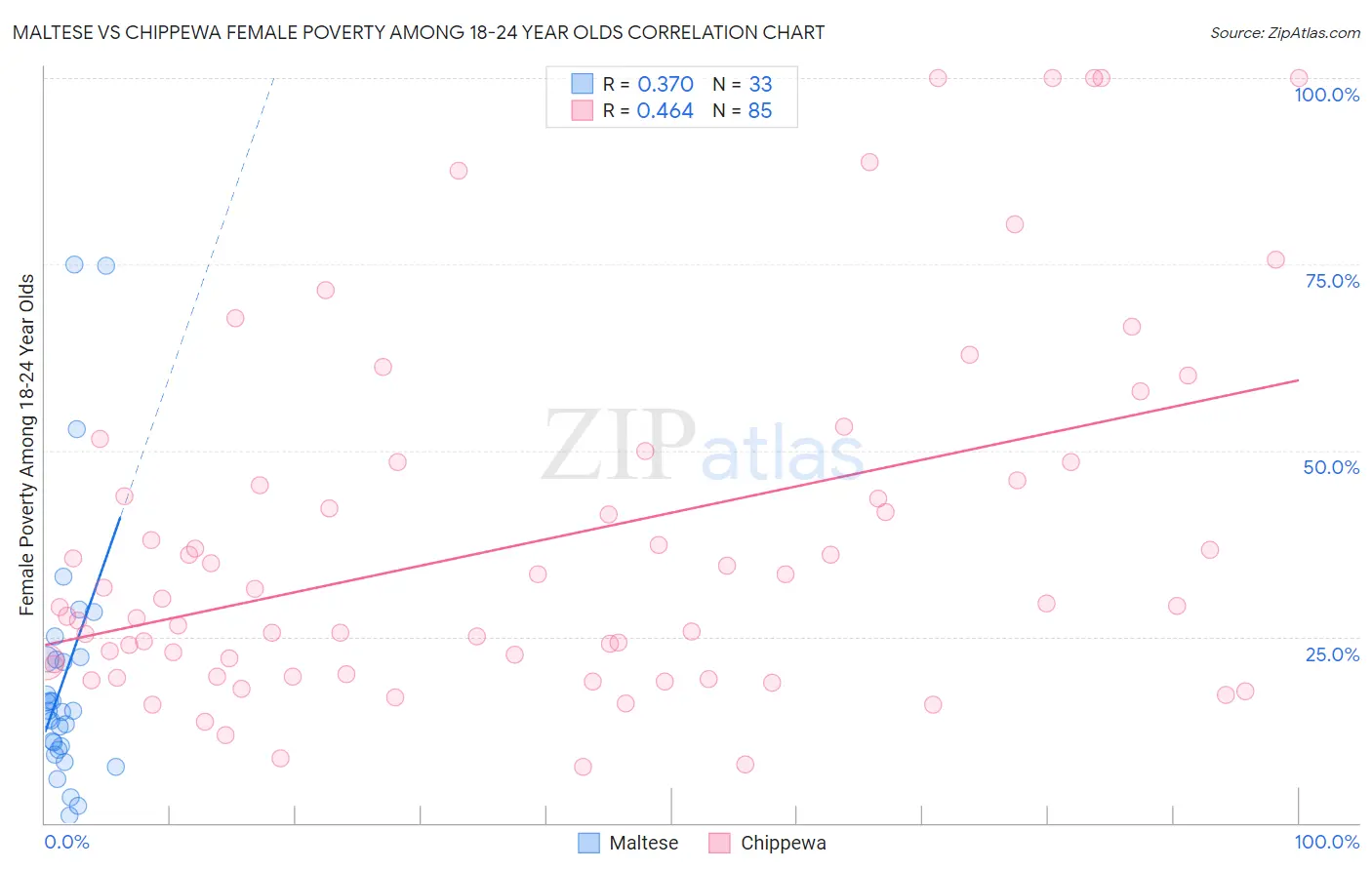 Maltese vs Chippewa Female Poverty Among 18-24 Year Olds